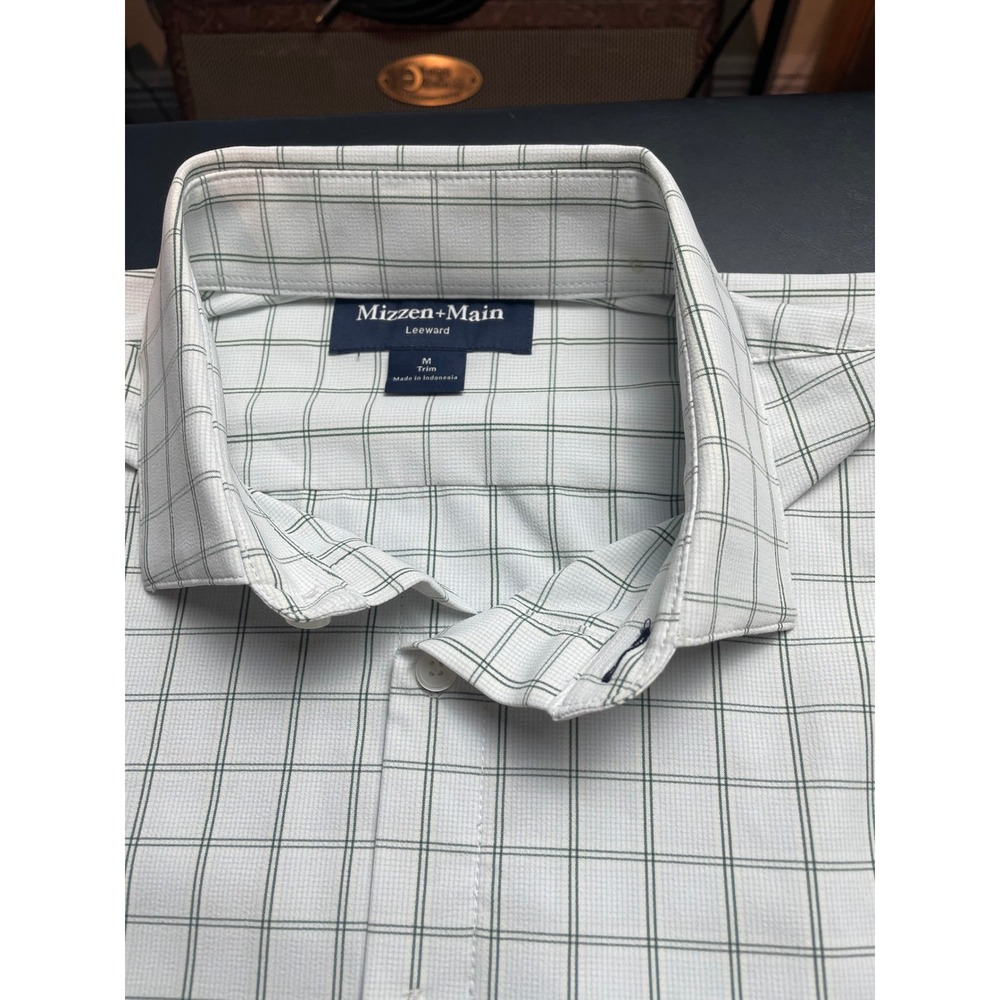 Mizzen+Main Shirt Mens M White Green Excellent Trim Fit Windowpane Check